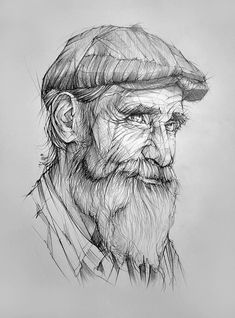 a drawing of an old man with a hat on his head and beard, in black and white