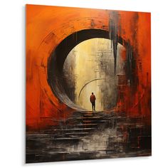 an abstract painting with a man standing in the middle of it, surrounded by orange and black colors