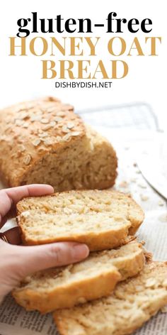 Hand holding a slice of bread Honey Oat Quick Bread, Oat Quick Bread, Gluten Free Honey Oat Bread, Gluten Free Oat Bread, Gluten Free Quick Bread, Glutenfri Baking, Honey Oat Bread, Yeast Free Breads, Oat Bread