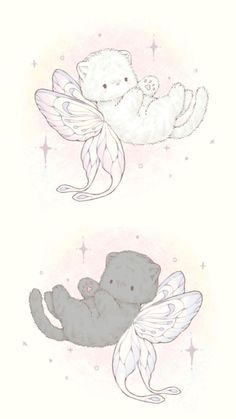 two drawings of teddy bears with wings and stars in the background, one is white