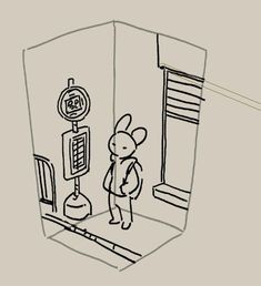 a drawing of a rabbit standing in front of a parking meter with a backpack on it's back