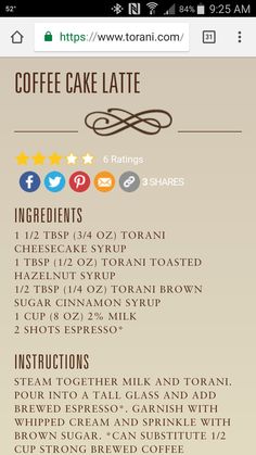 the menu for coffee cake latte, which is available on the iphone or ipad