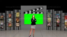 a woman standing in front of a green screen with her arms crossed and looking at the camera