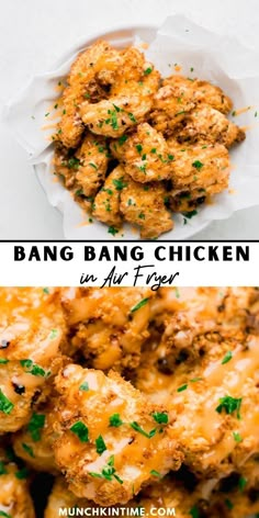 two pictures with different types of food in them and the words bang bang chicken in their fingers