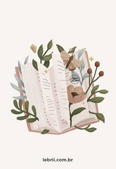 an open book with flowers and leaves on it's cover is featured in this illustration