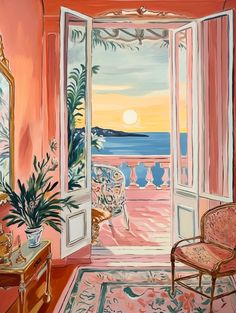 a painting of an open door leading to a balcony with a view of the ocean