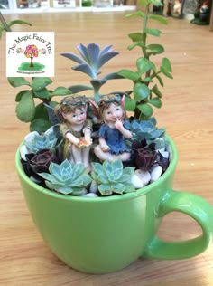 two little fairy figurines sitting in a green cup filled with succulents