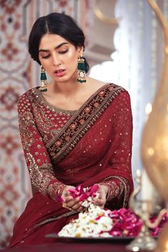 Royal Deep Red Saree Bridal Pakistani Dress Red Saree Bridal, Bridal Pakistani, Red Saree Wedding, Designer Sarees Wedding, Saree Wearing Styles, Indian Outfits Lehenga, Fancy Sarees Party Wear, Saree Designs Party Wear, Red Lehenga