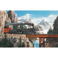 a painting of a train traveling across a bridge over a river and mountain range in the background