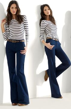 Wide leg jeans are a welcome change for spring Wide Leg Jeans Sweater Outfit, Blue Flare Jeans Outfit Winter, Denim Bell Bottoms Outfits, Chic Trousers, Outdoor Outfits, Shoes Streetwear, Striped Tshirt