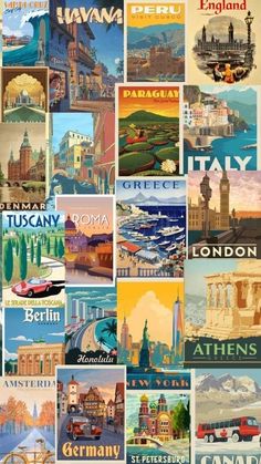 many different types of travel posters are shown in this collage, including the famous cities and