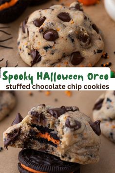 halloween oreo stuffed chocolate chip cookies with spooky halloween oreos in the background