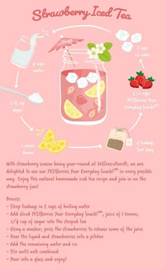 a recipe for strawberry iced tea on a pink background with information about how to make it