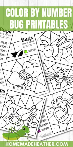 the color by number bug printables for kids is shown in three different colors