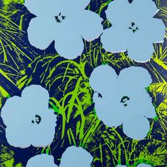 blue and green flowers on black background with white outlines in the center, surrounded by grass