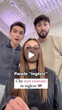 two men and a woman standing next to each other in front of a sign that says parale inglesi