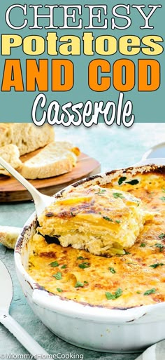 cheesy potatoes and cold casserole in a white dish