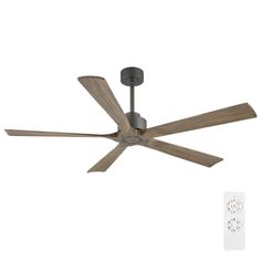 a ceiling fan with two remote controls on the side and one light on the other