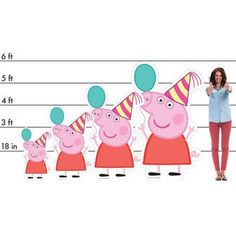 a woman standing in front of a line of peppa pig cut outs with birthday hats on