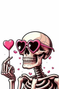 a skeleton holding a heart shaped lollipop in its hand and wearing sunglasses on it's head