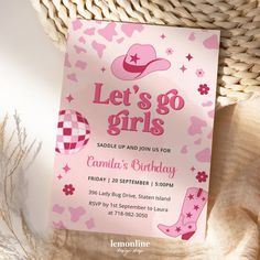 a pink birthday party card with cowboy boots and stars on the front, says let's go girls