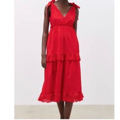 New Zara Red Dress With Tag Holiday Ruffle Midi Dress, Holiday Ruffled Midi-length Dress, Red Embroidered Midi Dress For Spring, Spring Red Midi Dress For Day Out, Red Midi Dress For Spring Day Out, Red Midi Dress For Day Out In Spring, Red A-line Midi Dress For Brunch, Spring Holiday Midi Dress, Chic Red Maxi Dress For Holiday