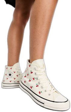 Spring Cotton High-top Sneakers With Round Toe, Casual Converse High-top Sneakers With Embroidered Logo, Spring Lace-up Sneakers With Embroidered Logo, Casual High-top Sneakers With Embroidered Logo, White Cotton Canvas Shoes With Embroidered Logo, Spring High-top Sneakers With Embroidered Logo, Casual Cream High-top Sneakers For Spring, Summer Embroidered High-top Sneakers, Trendy White Sneakers With Embroidered Logo