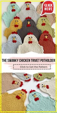 crocheted chicken trivet potholders with the words, the swnky chicken trivet potholder click to get the pattern