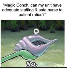 an image of a cartoon character with the caption'magic conch, can my unit have dequate staffing & safe nurse nurse