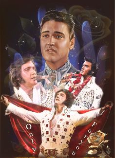 an image of elvis presley on stage with other actors in the background and stars above him