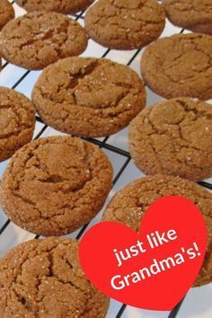 cookies cooling on a rack with the words just like grandma's written in red