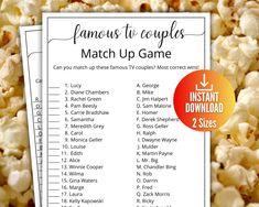 two printable game cards with popcorn on them and the words, famous couples match up games