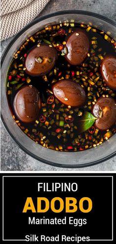 an image of food in a bowl with text overlay that reads, philippines adobo marinated eggs silk road recipes