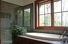 a bathroom with a large tub next to a window and a plant in the corner