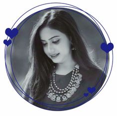 a black and white photo of a woman with long dark hair wearing a necklace in blue circles