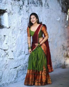 Traditional Dhavani Designs, Dhavani Designs, Deepika Pilli, Indian Party Wear Dresses, Onam Outfits, Lehenga Designs Simple, Latest Model Blouse Designs, Frock For Women, Half Saree Designs