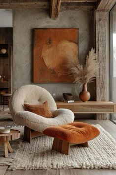 an orange and white chair sitting on top of a rug in front of a window