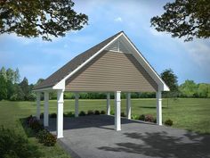 a gazebo in the middle of a park with grass and trees around it, on a sunny day