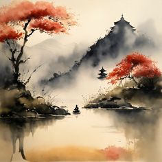 Japan Watercolor Painting, Don't Touch My Phone Wallpapers Cute, Japan Watercolor, Japanese Ink Painting, Japanese Watercolor, Art Terms, Japanese Artwork, Buddha Painting, Live Painting