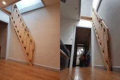 there are two pictures of stairs being built in the house, and one is empty