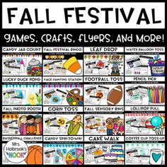 the fall festival games, crafts, flips and more is shown in black and white