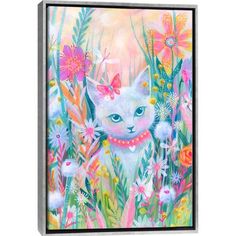 a painting of a white cat surrounded by colorful flowers and grass with butterflies on it