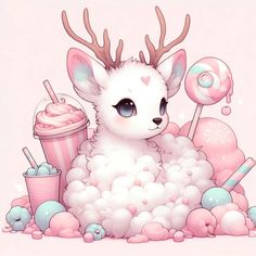 a baby deer is sitting in the foamy bubble next to an ice cream sundae