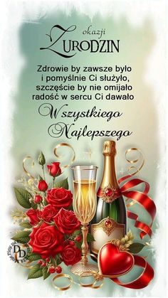 a greeting card with roses and two champagnes on it, in the language of love