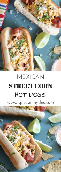 mexican street corn hot dogs on a plate with tortilla chips