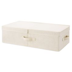 a white storage box with two handles