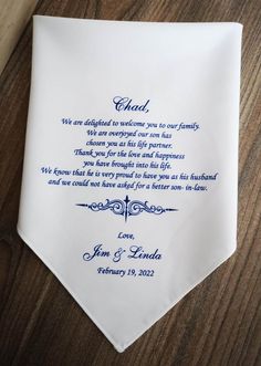 "Check out our poems \"we could not have asked for a better son- in- law.\"  Selection for the very best in unique custom printed poems handkerchief, handmade pieces from our shops. Wedding gift  At an important moment in life, sending a unique and special handkerchief gift is undoubtedly the warmest and most profound blessing❤️ Why our unique handkerchief gifts express deep emotions and blessings😍? ✅ Free Customize name and wedding date ✅ Free Customized color fonts ✅ Free custom your own message or you can customize any of our verses to make it your own. ✅ Free gift envelope include greeting card, your gift will be secured inside a white Fancy Envelope with little pearl (Envelope size 5 Inch) ✅ How to order, just leave us a note with the info below when you place your order. FREE custom Wedding Gift To Son From Mom, Gifts For Son In Law On Wedding Day, Gifts For Future Son In Law On Wedding Day, Message To Daughter And Son In Law On Wedding Day, Gift For Son On Wedding Day From Mom’s Wedding Dress, List Poem, Fancy Envelopes, Name Signature, Cadeau Parents