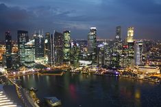 an aerial view of a city at night