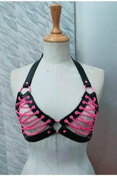 Vegan Leather Adjustable Straps Pink Metal Hardware Body Harness Jewelry, Pink Chain, Harness Fashion, Rave Fits, Diy Bra, Candy Collection, Dancers Outfit, Diy Clothes Design, Rave Fashion