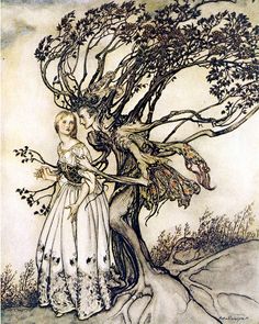 a drawing of two women standing next to a tree